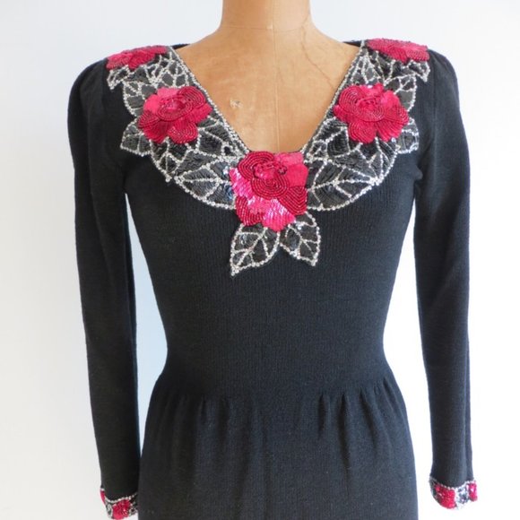 Vintage Don Sayres Black Wool Knit Dress with Sequins Neckline - Holiday Dress - Picture 2 of 9